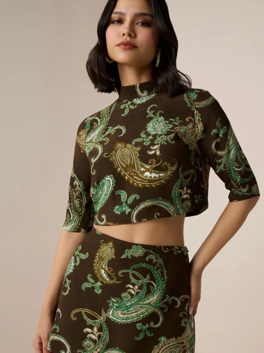 HEMANT & NANDITA Brown Skirt with Green Paisley Print